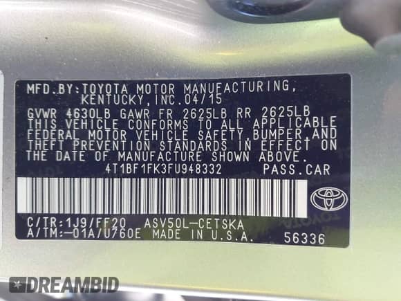 2015 Toyota Camry SE с VIN 4T1BF1FK3FU948332, выставлен на аукционе IAAI как лот 43450683 с пробегом 82 328 миль миль и . История ставок и продаж доступна на DreamBid. Изображение 9.