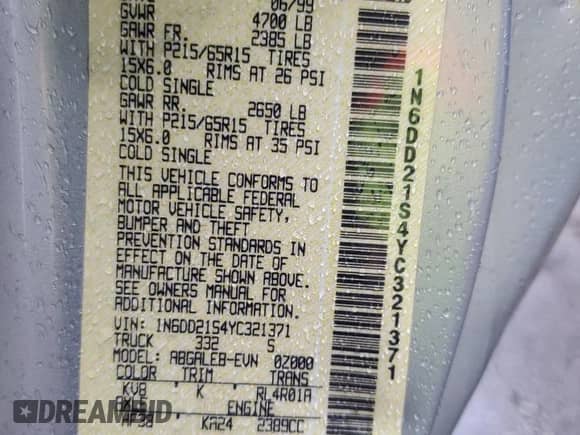 2000 Nissan Frontier XE with VIN 1N6DD21S4YC321371, listed as a Copart auction lot 55678675 with 99,775 mi miles and Salvage title. Bid and sale history available at DreamBid. Image 12.