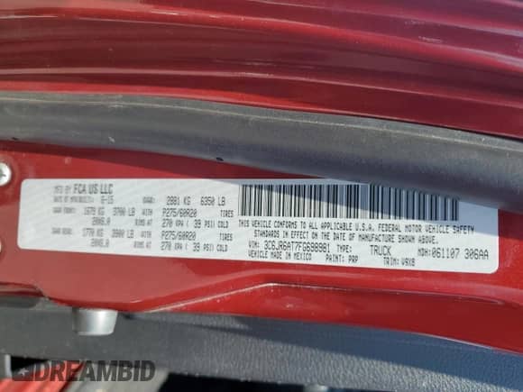 2015 Ram 1500 Express с VIN 3C6JR6AT7FG698981, выставлен на аукционе Copart как лот 68877885 с пробегом 54 493 миль миль и Списание • Salvage title. История ставок и продаж доступна на DreamBid. Изображение 12.