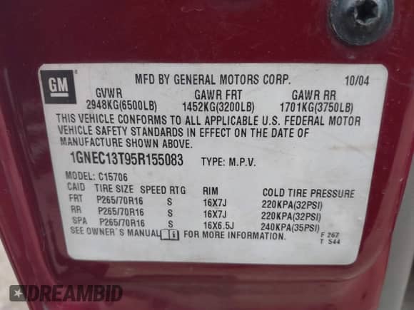 2005 Chevrolet Tahoe Z71 with VIN 1GNEC13T95R155083, listed as a IAAI auction lot 41430239 with 333,463 mi miles and . Bid and sale history available at DreamBid. Image 9.
