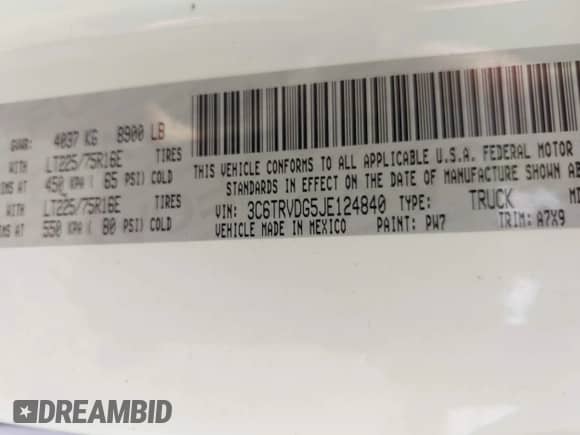 2018 Ram ProMaster Cargo с VIN 3C6TRVDG5JE124840, выставлен на аукционе IAAI как лот 42572699 с пробегом 75 459 миль миль и . История ставок и продаж доступна на DreamBid. Изображение 9.