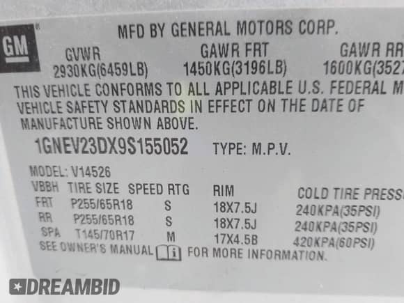 2009 Chevrolet Traverse 2LT with VIN 1GNEV23DX9S155052, listed as a IAAI auction lot 42906394 with 196,608 mi miles and . Bid and sale history available at DreamBid. Image 9.