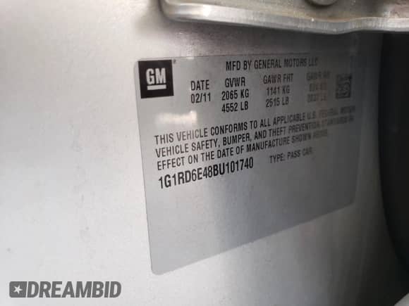 2011 Chevrolet Volt with VIN 1G1RD6E48BU101740, listed as a Copart auction lot 67549415 with 82,709 mi miles and Salvage title. Bid and sale history available at DreamBid. Image 13.