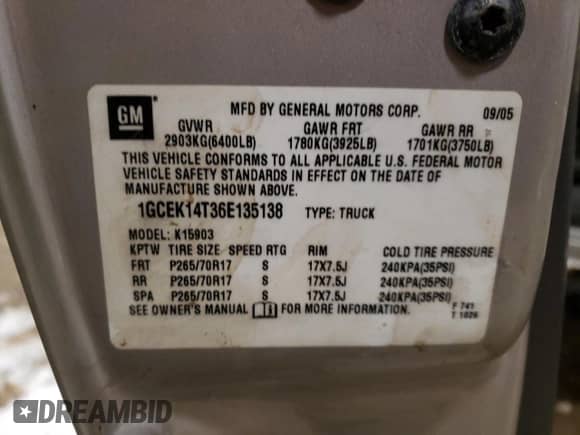 2006 Chevrolet Silverado 1500 LS z VIN 1GCEK14T36E135138, wystawiony jako Copart lot #87360994 z przebiegiem 76 755 mil mil oraz Nie do naprawy • Non repairable. Historia ofert i sprzedaży dostępna na DreamBid. Obrazek 13.