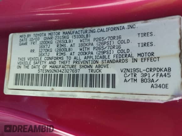 2004 Toyota Tacoma PreRunner с VIN 5TESN92N34Z327697, выставлен на аукционе IAAI как лот 41699027 с пробегом 196 592 миль миль и . История ставок и продаж доступна на DreamBid. Изображение 9.