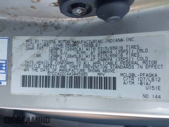 2004 Toyota Sienna XLE z VIN 5TDZA22C44S045985, wystawiony jako IAAI lot #42528082 z przebiegiem 206 894 mil mil oraz . Historia ofert i sprzedaży dostępna na DreamBid. Obrazek 9.