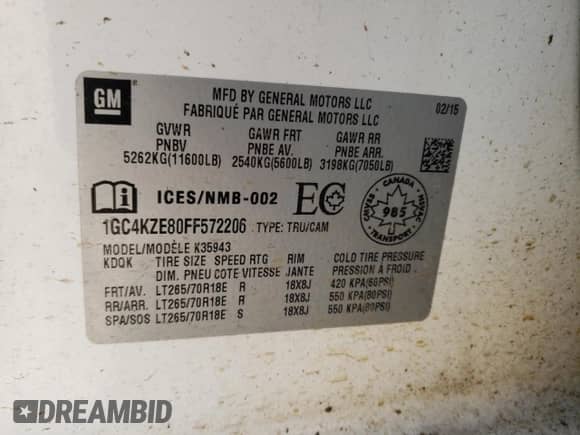 2015 Chevrolet Silverado 3500HD LT с VIN 1GC4KZE80FF572206, выставлен на аукционе Copart как лот 54986133 с пробегом Не указан миль и Списание • Salvage title. История ставок и продаж доступна на DreamBid. Изображение 14.