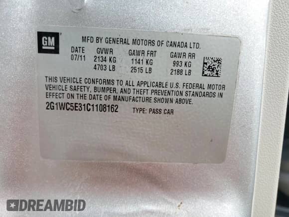 2012 Chevrolet Impala LTZ with VIN 2G1WC5E31C1108162, listed as a Copart auction lot 82126595 with 155,455 mi miles and Salvage title. Bid and sale history available at DreamBid. Image 12.