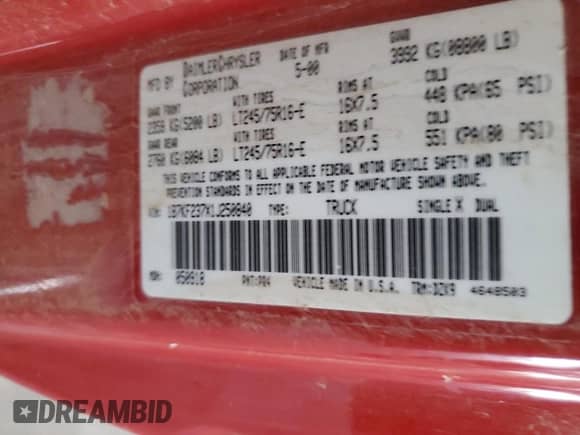 2001 Dodge 2500 with VIN 1B7KF237X1J250840, listed as a Copart auction lot 71523495 with 366,573 mi miles and Salvage title. Bid and sale history available at DreamBid. Image 12.