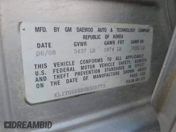 2009 Chevrolet Aveo 2LT with VIN KL1TG66E89B335773, listed as a Copart auction lot 54845925 with 117,044 mi miles and Salvage title. Bid and sale history available at DreamBid. Image 13.