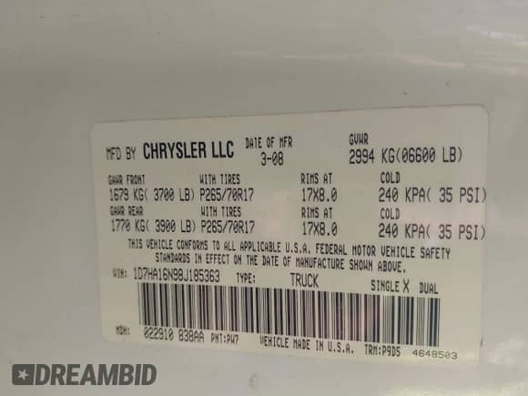 2008 Dodge 1500 SLT with VIN 1D7HA16N98J185363, listed as a IAAI auction lot 41624660 with Not provided miles and . Bid and sale history available at DreamBid. Image 9.