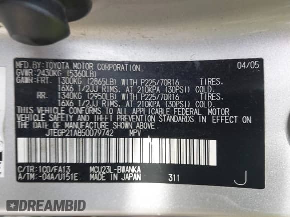 2005 Toyota Highlander z VIN JTEGP21A850079742, wystawiony jako IAAI lot #43268055 z przebiegiem 130 128 mil mil oraz . Historia ofert i sprzedaży dostępna na DreamBid. Obrazek 9.