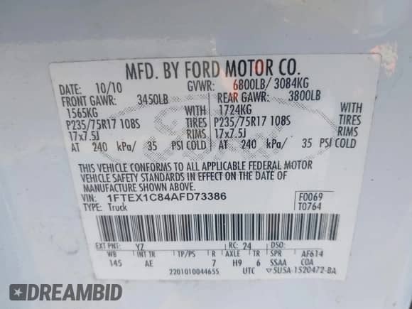 2010 Ford F-150 XL with VIN 1FTEX1C84AFD73386, listed as a IAAI auction lot 41671741 with 135,486 mi miles and . Bid and sale history available at DreamBid. Image 9.