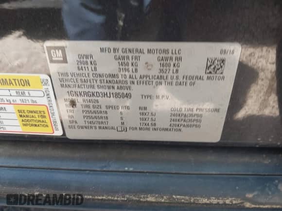 2017 Chevrolet Traverse LT with VIN 1GNKRGKD3HJ185049, listed as a IAAI auction lot 43206763 with 168,805 mi miles and . Bid and sale history available at DreamBid. Image 9.