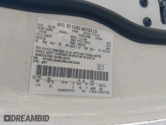 2008 Ford Explorer Eddie Bauer with VIN 1FMEU64E28UA93204, listed as a IAAI auction lot 43189764 with 212,470 mi miles and . Bid and sale history available at DreamBid. Image 9.