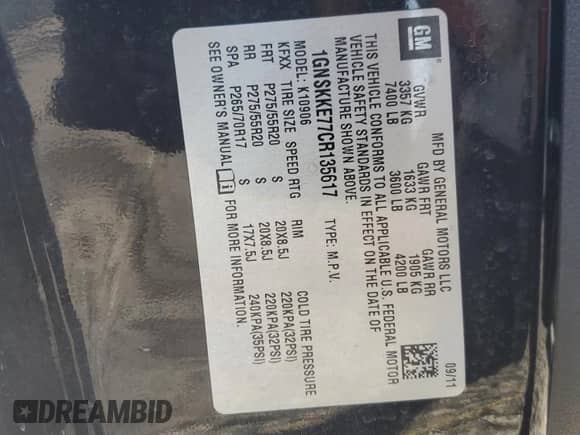 2012 Chevrolet Suburban LTZ с VIN 1GNSKKE77CR135617, выставлен на аукционе Copart как лот 70836685 с пробегом 158 139 миль миль и На запчасти • Non repairable. История ставок и продаж доступна на DreamBid. Изображение 13.