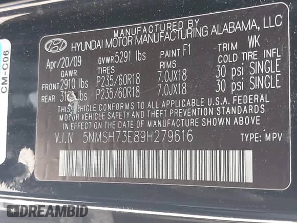 2009 Hyundai Santa Fe Limited z VIN 5NMSH73E89H279616, wystawiony jako IAAI lot #42678374 z przebiegiem 151 968 mil mil oraz . Historia ofert i sprzedaży dostępna na DreamBid. Obrazek 9.