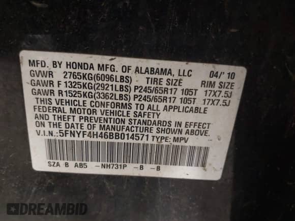 2011 Honda Pilot EX with VIN 5FNYF4H46BB014571, listed as a IAAI auction lot 43572141 with 243,613 mi miles and . Bid and sale history available at DreamBid. Image 9.
