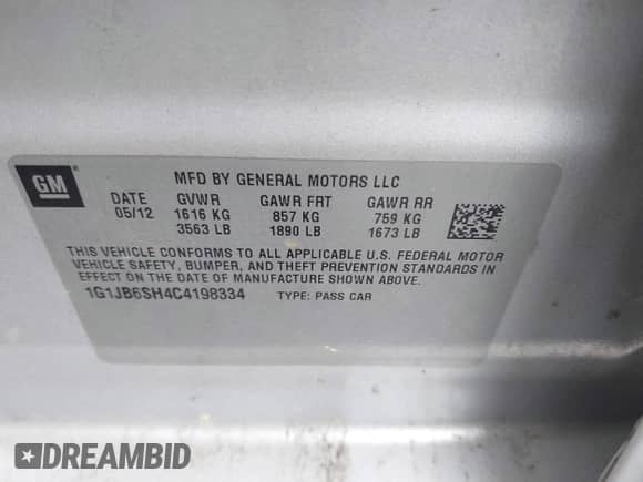 2012 Chevrolet Sonic LS with VIN 1G1JB6SH4C4198334, listed as a IAAI auction lot 42200028 with 207,498 mi miles and . Bid and sale history available at DreamBid. Image 9.