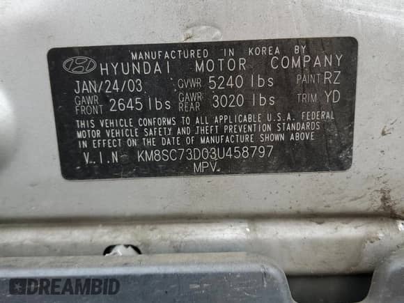 2003 Hyundai Santa Fe GLS с VIN KM8SC73D03U458797, выставлен на аукционе Copart как лот 69877294 с пробегом Не указан миль и Списание • Salvage title. История ставок и продаж доступна на DreamBid. Изображение 13.