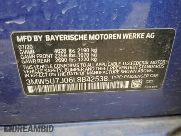 2020 BMW 3 Series M340i z VIN 3MW5U7J06L8B42538, wystawiony jako Copart lot #54375375 z przebiegiem 75 084 mil mil oraz Szkoda całkowita • Salvage title. Historia ofert i sprzedaży dostępna na DreamBid. Obrazek 12.
