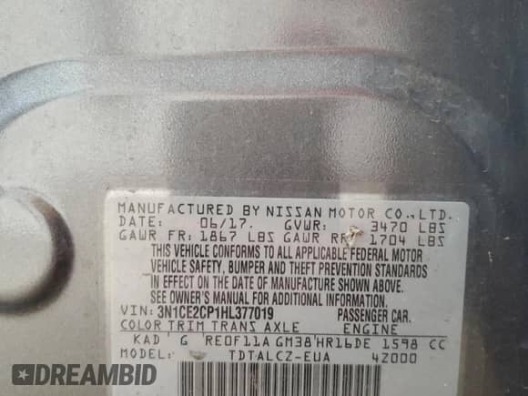 2017 Nissan Note SV z VIN 3N1CE2CP1HL377019, wystawiony jako Copart lot #69971215 z przebiegiem 43 432 mil mil oraz Szkoda całkowita • Salvage title. Historia ofert i sprzedaży dostępna na DreamBid. Obrazek 14.