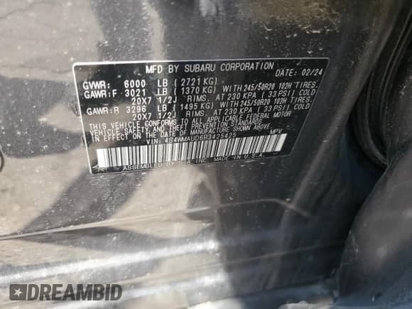 2024 Subaru Ascent Limited с VIN 4S4WMAUD6R3425425, выставлен на аукционе Copart как лот 63679835 с пробегом 7 233 миль миль и Списание • Salvage title. История ставок и продаж доступна на DreamBid. Изображение 12.