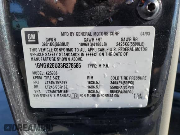 2003 Chevrolet Suburban LT z VIN 1GNGK26U33R278686, wystawiony jako Copart lot #86648554 z przebiegiem 209 059 mil mil oraz Szkoda całkowita • Salvage title. Historia ofert i sprzedaży dostępna na DreamBid. Obrazek 13.