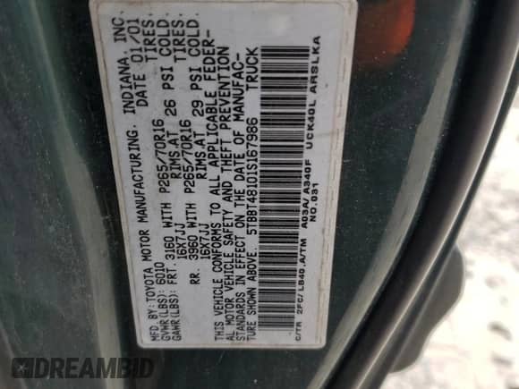 2001 Toyota Tundra Limited z VIN 5TBBT48101S167986, wystawiony jako Copart lot #64989255 z przebiegiem 217 919 mil mil oraz Czysty tytuł • Clean title. Historia ofert i sprzedaży dostępna na DreamBid. Obrazek 12.