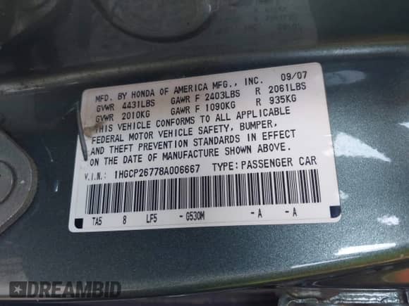 2008 Honda Accord EX with VIN 1HGCP26778A006667, listed as a IAAI auction lot 43389158 with 251,763 mi miles and . Bid and sale history available at DreamBid. Image 9.