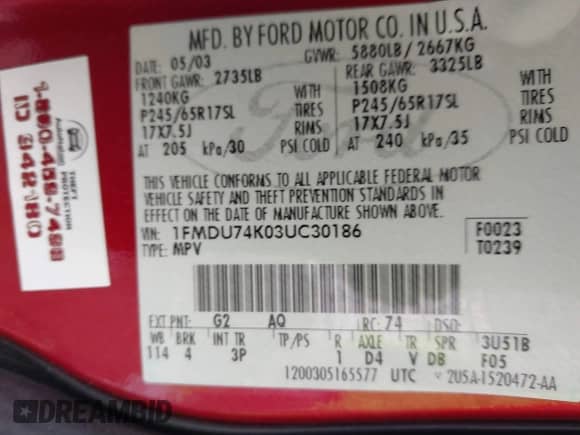 2003 Ford Explorer Eddie Bauer z VIN 1FMDU74K03UC30186, wystawiony jako IAAI lot #42373893 z przebiegiem 103 172 mil mil oraz . Historia ofert i sprzedaży dostępna na DreamBid. Obrazek 9.