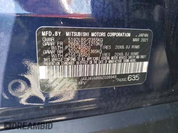 2022 Mitsubishi Outlander SEL with VIN JA4J4VA86NZ008949, listed as a Copart auction lot 82031015 with 54,623 mi miles and Non repairable. Bid and sale history available at DreamBid. Image 13.