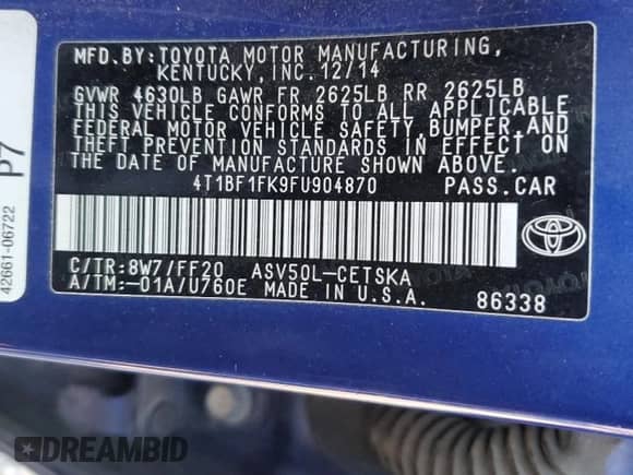 2015 Toyota Camry SE z VIN 4T1BF1FK9FU904870, wystawiony jako Copart lot #86140045 z przebiegiem 186 847 mil mil oraz Szkoda całkowita • Salvage title. Historia ofert i sprzedaży dostępna na DreamBid. Obrazek 12.