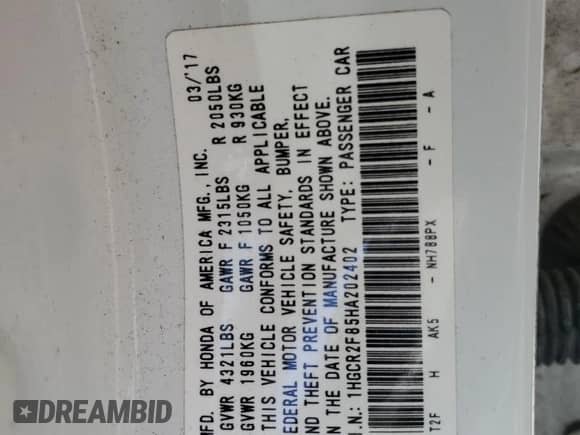 2017 Honda Accord EX-L with VIN 1HGCR2F85HA202402, listed as a Copart auction lot 61039495 with 37,637 mi miles and Salvage title. Bid and sale history available at DreamBid. Image 12.