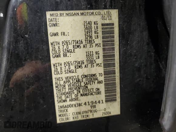 2011 Nissan Frontier SV with VIN 1N6AD0EV3BC419441, listed as a Copart auction lot 44498305 with 115,688 mi miles and Salvage title. Bid and sale history available at DreamBid. Image 12.