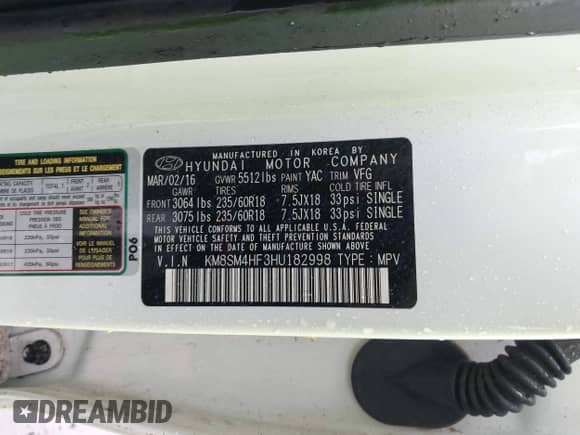 2017 Hyundai Santa Fe SE with VIN KM8SM4HF3HU182998, listed as a IAAI auction lot 43434656 with 115,094 mi miles and . Bid and sale history available at DreamBid. Image 9.