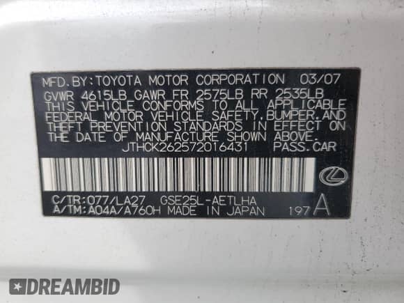 2007 Lexus IS 250 with VIN JTHCK262572016431, listed as a Copart auction lot 84465305 with Not provided miles and Salvage title. Bid and sale history available at DreamBid. Image 12.