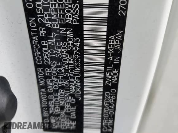 2019 Toyota Prius LE с VIN JTDKARFU1K3097943, выставлен на аукционе Copart как лот 82597175 с пробегом 56 492 миль миль и Списание • Salvage title. История ставок и продаж доступна на DreamBid. Изображение 12.