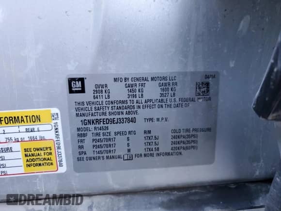 2014 Chevrolet Traverse LS с VIN 1GNKRFED9EJ337840, выставлен на аукционе Copart как лот 84032775 с пробегом 126 185 миль миль и Списание • Salvage title. История ставок и продаж доступна на DreamBid. Изображение 13.