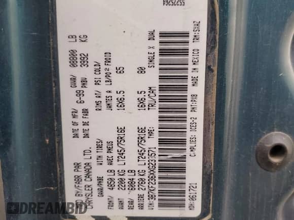 1999 Dodge 2500 with VIN 3B7KF236XXG233571, listed as a Copart auction lot 72592134 with Not provided miles and Non repairable. Bid and sale history available at DreamBid. Image 12.