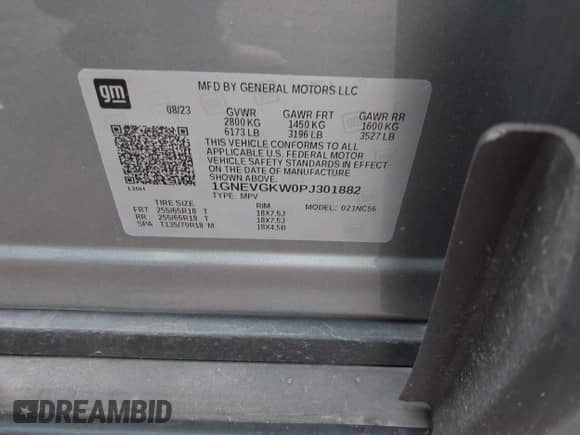 2023 Chevrolet Traverse LT Cloth с VIN 1GNEVGKW0PJ301882, выставлен на аукционе IAAI как лот 42319706 с пробегом 24 213 миль миль и . История ставок и продаж доступна на DreamBid. Изображение 9.