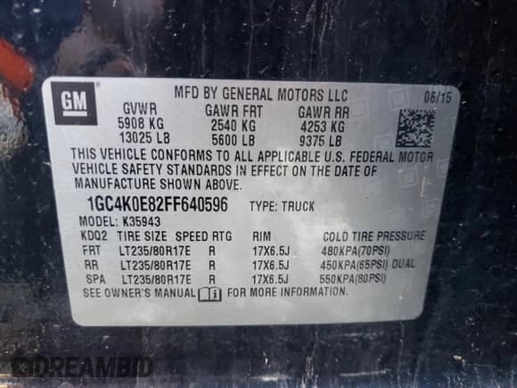 2015 Chevrolet Silverado 3500HD LTZ with VIN 1GC4K0E82FF640596, listed as a Copart auction lot 86796514 with 254,712 mi miles and Salvage title. Bid and sale history available at DreamBid. Image 15.