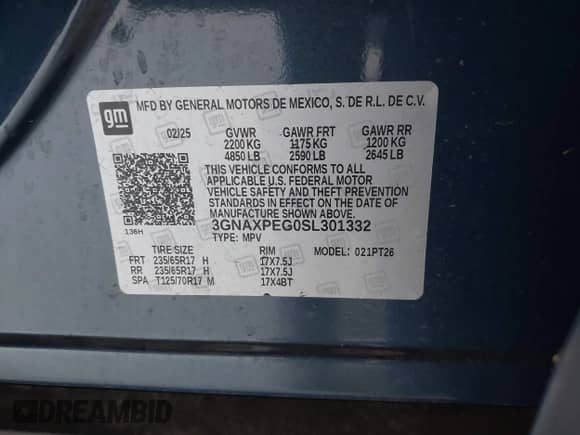2025 Chevrolet Equinox AWD LT с VIN 3GNAXPEG0SL301332, выставлен на аукционе IAAI как лот 42678798 с пробегом 6 392 миль миль и . История ставок и продаж доступна на DreamBid. Изображение 9.