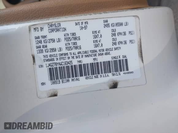 1998 Jeep Grand Cherokee Limited с VIN 1J4GZ78YXWC163425, выставлен на аукционе IAAI как лот 42906368 с пробегом 138 022 миль миль и . История ставок и продаж доступна на DreamBid. Изображение 9.