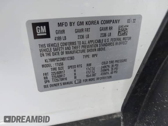 2022 Chevrolet TrailBlazer LT with VIN KL79MPS23NB112383, listed as a IAAI auction lot 42818899 with 50,776 mi miles and . Bid and sale history available at DreamBid. Image 9.