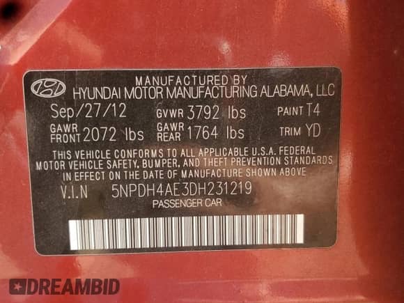 2013 Hyundai Elantra Limited с VIN 5NPDH4AE3DH231219, выставлен на аукционе Copart как лот 80864285 с пробегом 85 133 миль миль и Списание • Salvage title. История ставок и продаж доступна на DreamBid. Изображение 12.
