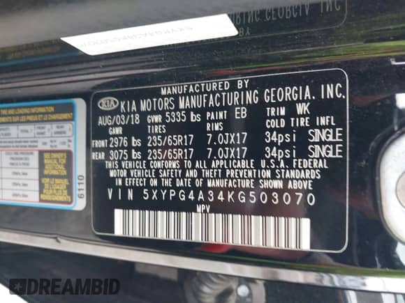 2019 Kia Sorento LX with VIN 5XYPG4A34KG503070, listed as a IAAI auction lot 42694219 with 131,184 mi miles and . Bid and sale history available at DreamBid. Image 9.