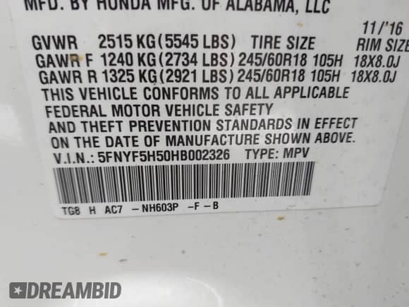2017 Honda Pilot EX-L with VIN 5FNYF5H50HB002326, listed as a IAAI auction lot 42356845 with 101,098 mi miles and . Bid and sale history available at DreamBid. Image 9.