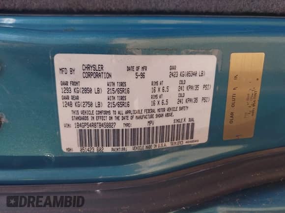 1996 Dodge Grand Caravan with VIN 1B4GP54R8TB458827, listed as a IAAI auction lot 42074872 with 97,566 mi miles and . Bid and sale history available at DreamBid. Image 9.