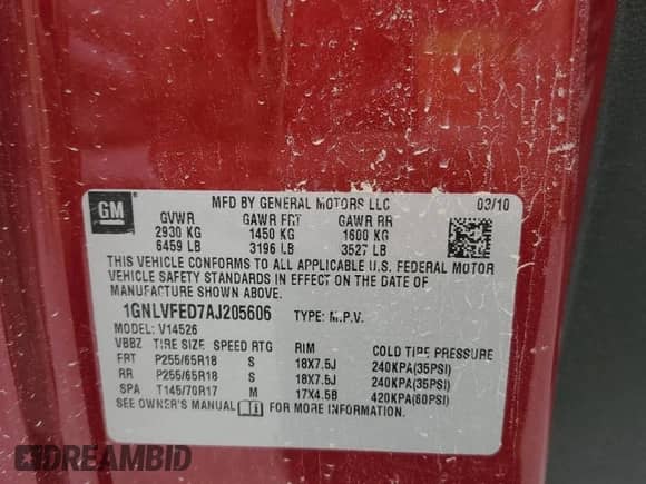 2010 Chevrolet Traverse 1LT with VIN 1GNLVFED7AJ205606, listed as a Copart auction lot 81248545 with Not provided miles and Salvage title. Bid and sale history available at DreamBid. Image 13.